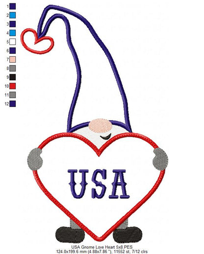 Patriotic USA Love Gnome - Applique