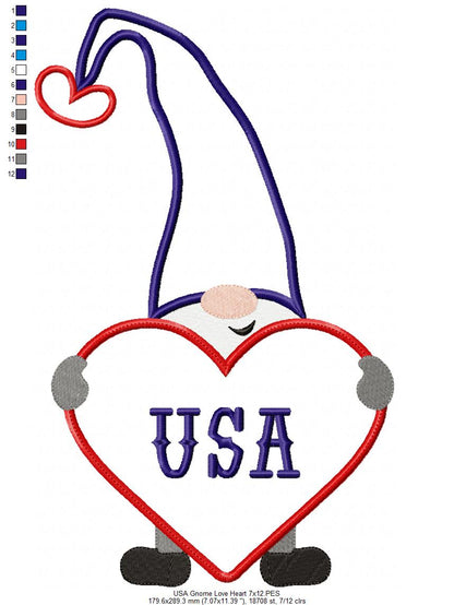 Patriotic USA Love Gnome - Applique