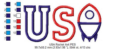 Patriotic Rocket USA - Appliqué - Machine Embroidery Design