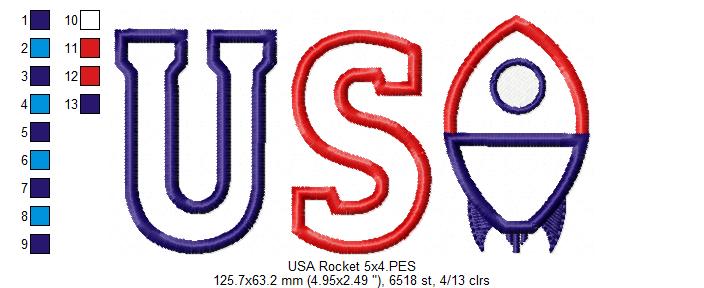 Patriotic Rocket USA - Appliqué - Machine Embroidery Design
