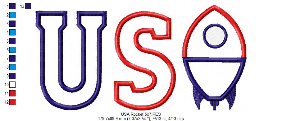 Patriotic Rocket USA - Appliqué - Machine Embroidery Design