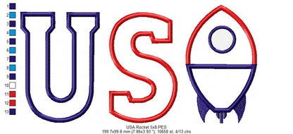 Patriotic Rocket USA - Appliqué - Machine Embroidery Design