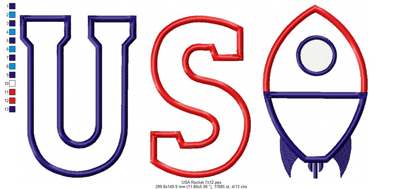 Patriotic Rocket USA - Appliqué - Machine Embroidery Design
