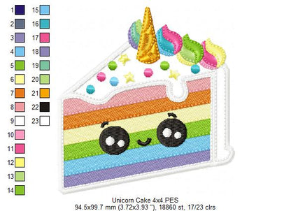 Happy Unicorn Rainbow Cake Slice - Applique - Machine Embroidery Design