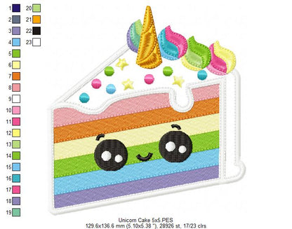 Happy Unicorn Rainbow Cake Slice - Applique - Machine Embroidery Design