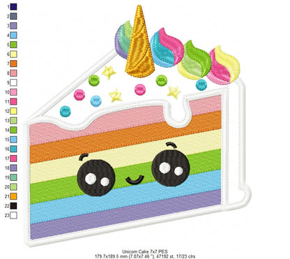 Happy Unicorn Rainbow Cake Slice - Applique - Machine Embroidery Design