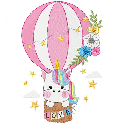 Love Unicorn in the Hot Air Balloon - Fill Stitch Embroidery