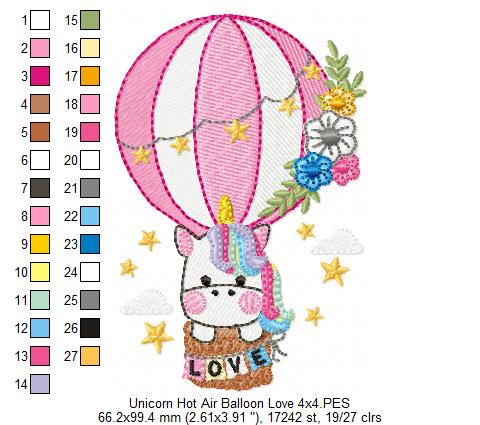 Love Unicorn in the Hot Air Balloon - Fill Stitch Embroidery