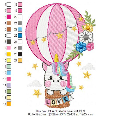 Love Unicorn in the Hot Air Balloon - Fill Stitch Embroidery
