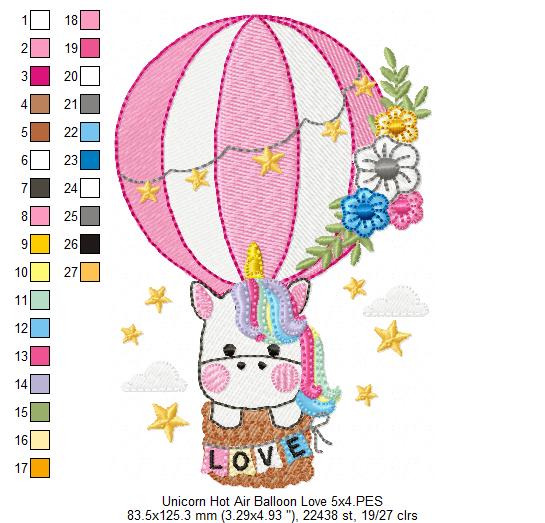Love Unicorn in the Hot Air Balloon - Fill Stitch Embroidery