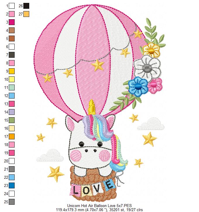 Love Unicorn in the Hot Air Balloon - Fill Stitch Embroidery