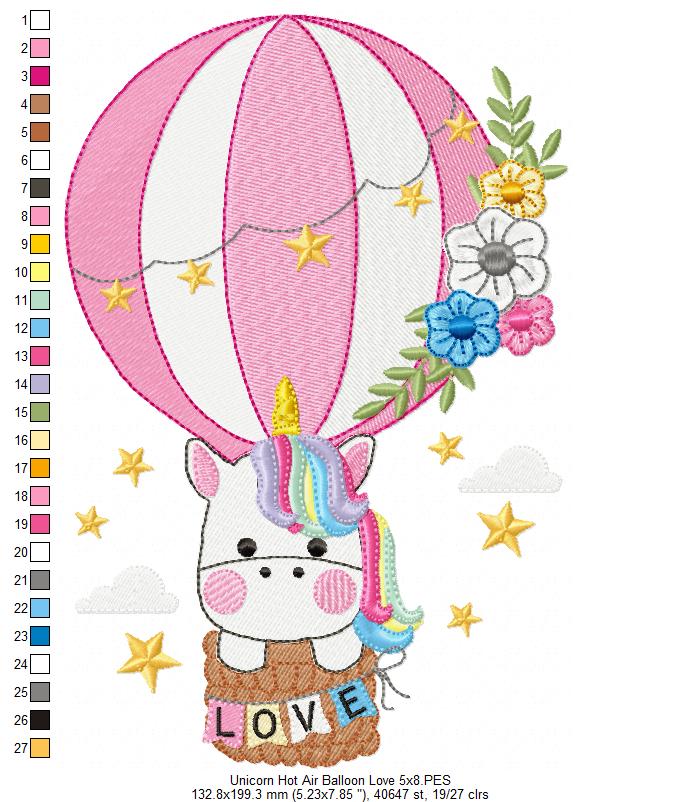 Love Unicorn in the Hot Air Balloon - Fill Stitch Embroidery