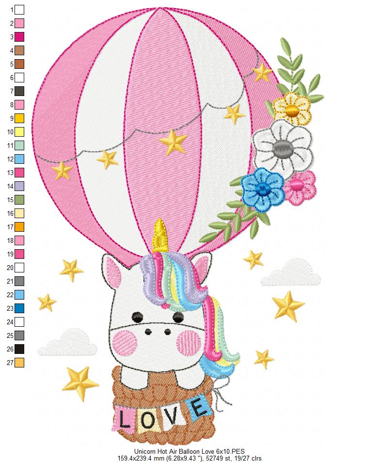 Love Unicorn in the Hot Air Balloon - Fill Stitch Embroidery