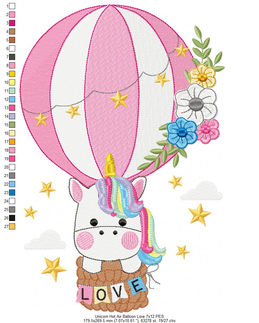 Love Unicorn in the Hot Air Balloon - Fill Stitch Embroidery