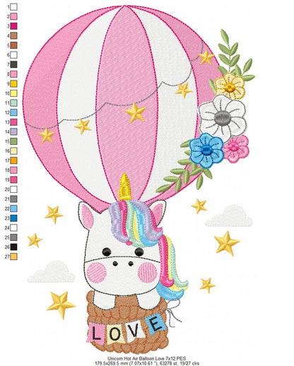 Love Unicorn in the Hot Air Balloon - Fill Stitch Embroidery