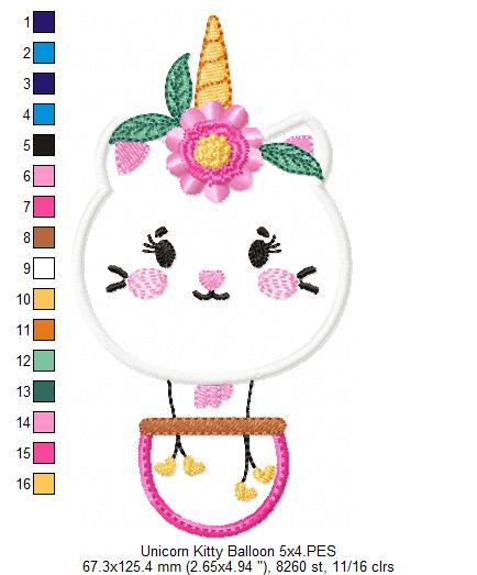 Unicorn Kitty Hot Air Balloon - Applique