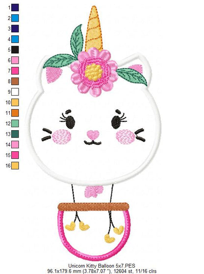 Unicorn Kitty Hot Air Balloon - Applique