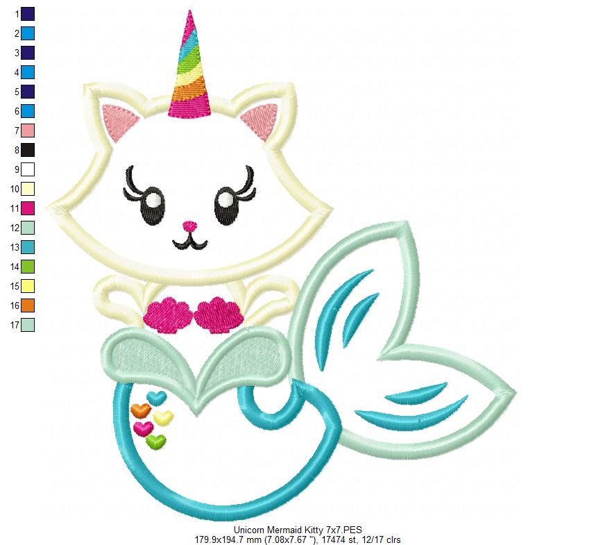 Unicorn Mermaid Kitty - Applique Embroidery