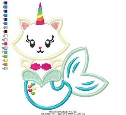 Unicorn Mermaid Kitty - Applique Embroidery