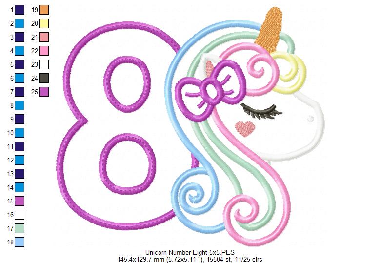 Unicorn Number 8 Eight 8th Eighth Birthday Number 8 - Applique