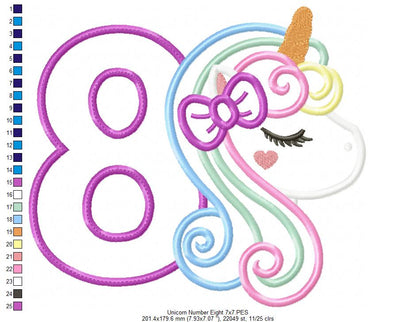 Unicorn Number 8 Eight 8th Eighth Birthday Number 8 - Applique