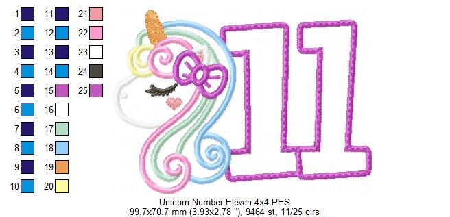 Unicorn Number 11 Eleven 11th Eleventh Birthday Number 11 - Applique