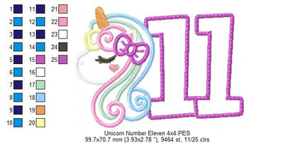 Unicorn Number 11 Eleven 11th Eleventh Birthday Number 11 - Applique