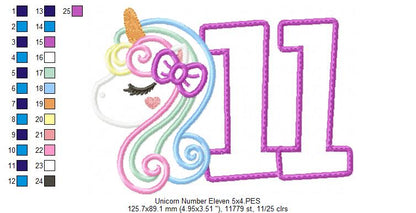 Unicorn Number 11 Eleven 11th Eleventh Birthday Number 11 - Applique