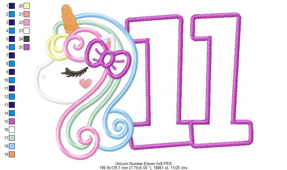 Unicorn Number 11 Eleven 11th Eleventh Birthday Number 11 - Applique