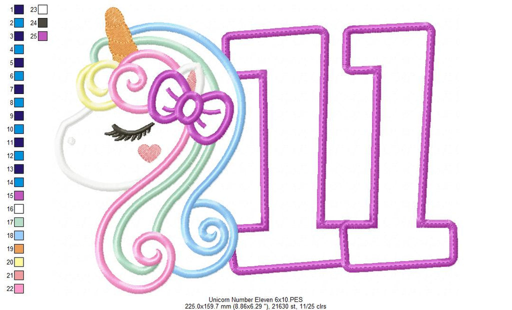 Unicorn Number 11 Eleven 11th Eleventh Birthday Number 11 - Applique