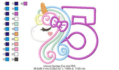 Unicorn Number 5 Five 5th Fifth Birthday Number 5 - Applique