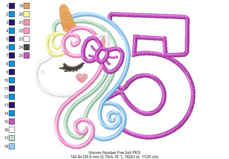 Unicorn Number 5 Five 5th Fifth Birthday Number 5 - Applique