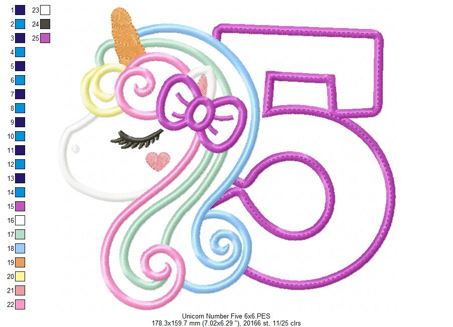 Unicorn Number 5 Five 5th Fifth Birthday Number 5 - Applique