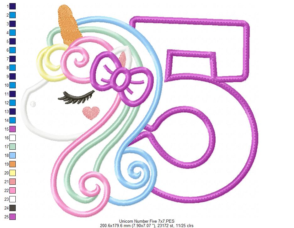 Unicorn Number 5 Five 5th Fifth Birthday Number 5 - Applique