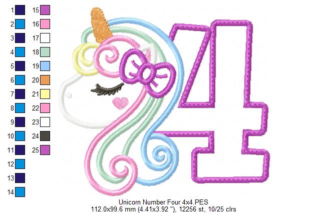 Unicorn Number 4 Four 4th Fourth Birthday - Applique - Machine Embroidery Design