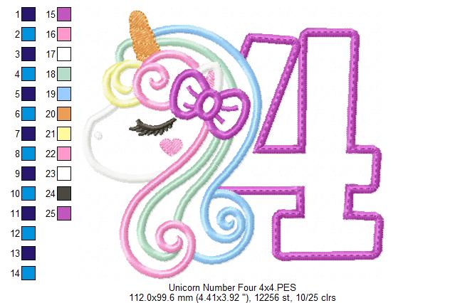 Unicorn Number 4 Four 4th Fourth Birthday Number 4 - Applique