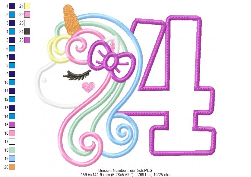 Unicorn Number 4 Four 4th Fourth Birthday - Applique - Machine Embroidery Design