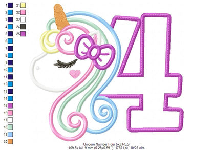 Unicorn Number 4 Four 4th Fourth Birthday - Applique - Machine Embroidery Design
