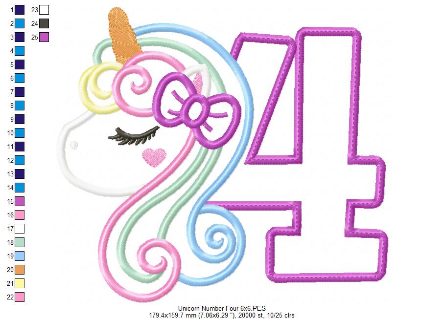 Unicorn Number 4 Four 4th Fourth Birthday - Applique - Machine Embroidery Design