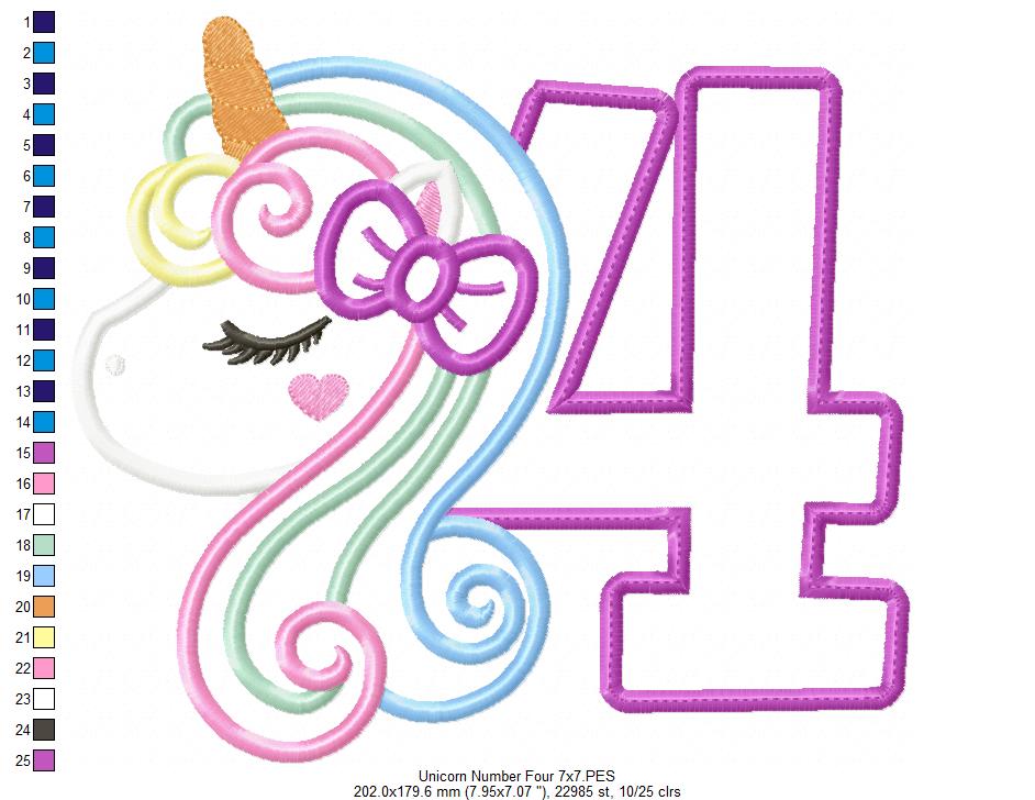 Unicorn Number 4 Four 4th Fourth Birthday - Applique - Machine Embroidery Design