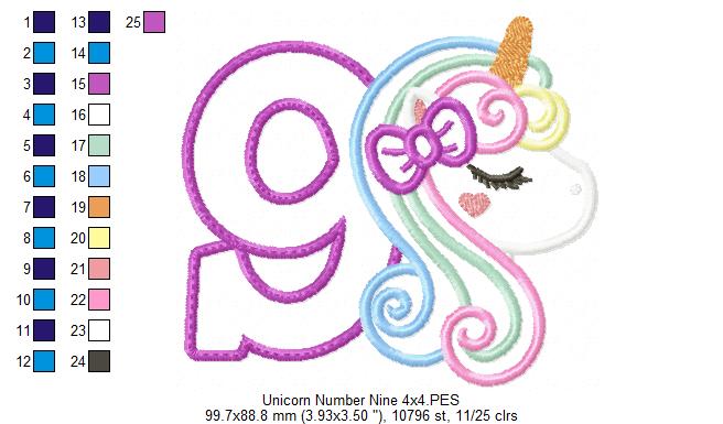Unicorn Number 9 Nine 9th Nineth Birthday Number 9 - Applique