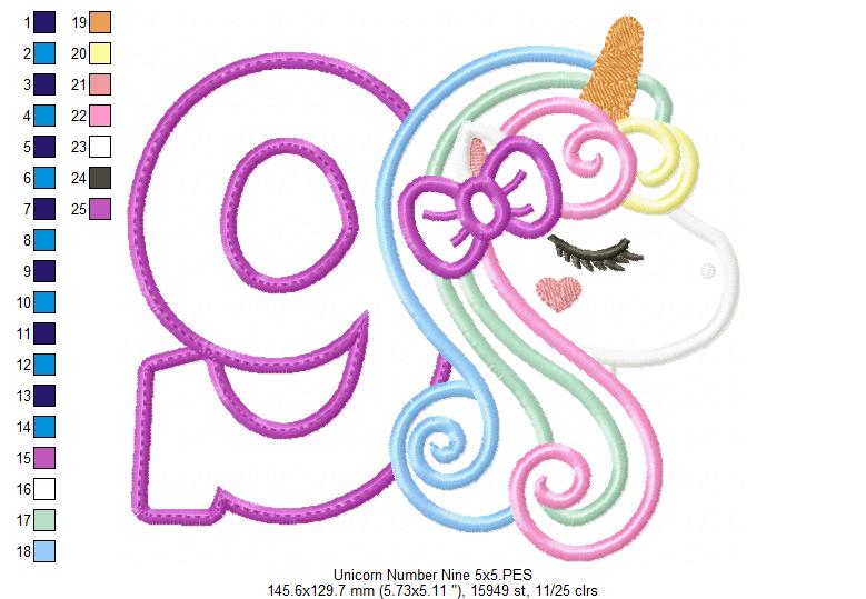 Unicorn Number 9 Nine 9th Nineth Birthday Number 9 - Applique