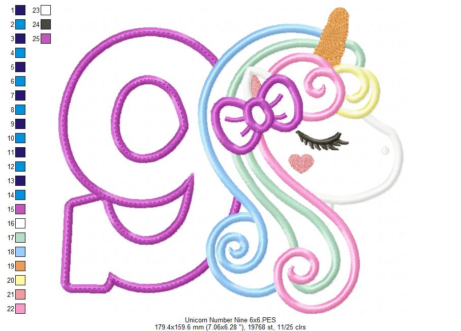 Unicorn Number 9 Nine 9th Nineth Birthday Number 9 - Applique