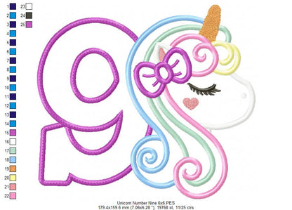 Unicorn Number 9 Nine 9th Nineth Birthday Number 9 - Applique