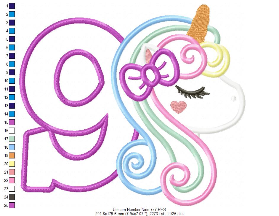 Unicorn Number 9 Nine 9th Nineth Birthday Number 9 - Applique
