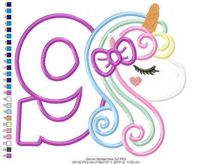 Unicorn Number 9 Nine 9th Nineth Birthday Number 9 - Applique
