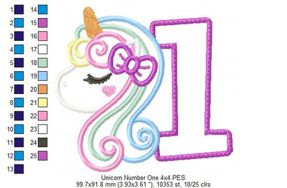 Unicorn Number 1 One 1st Birthday - Applique