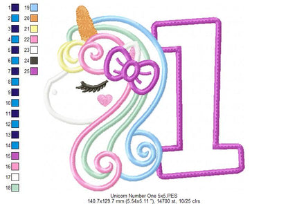Unicorn Number 1 One 1st Birthday - Applique