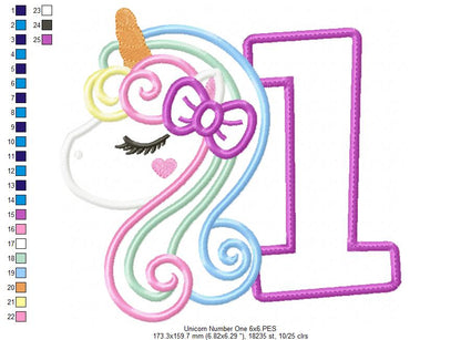 Unicorn Number 1 One 1st Birthday - Applique