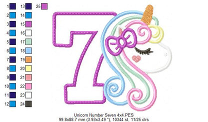 Unicorn Number 7 Seven 7th Seventh Birthday Number 7 - Applique
